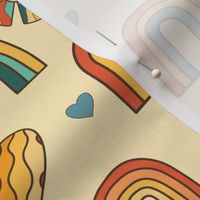 Retro groovy rainbow, hearts and nature elements