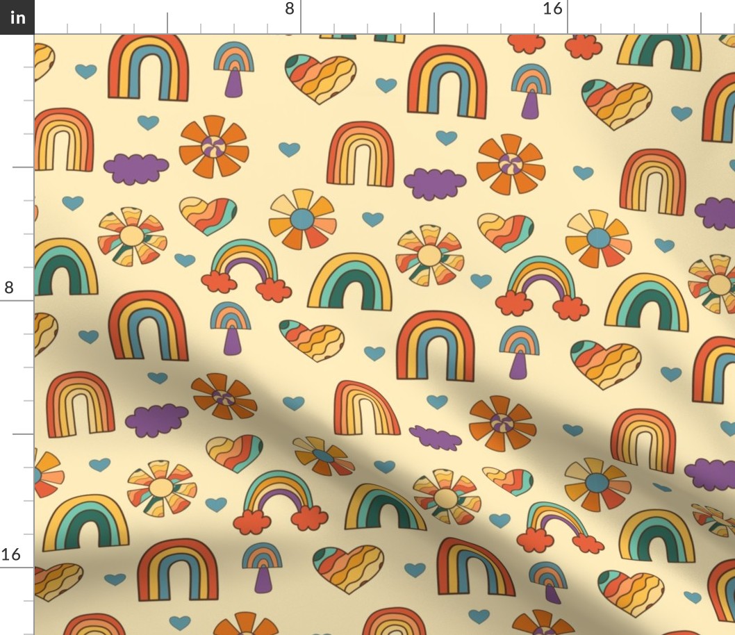 Retro groovy rainbow, hearts and nature elements