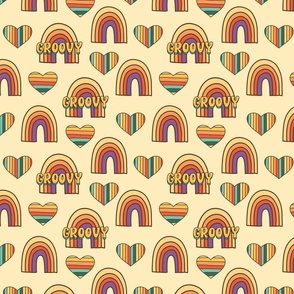 Groovy geometric print, retro rainbow and hearts design