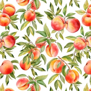 Watercolor peach fruit and green leaves seamless pattern
