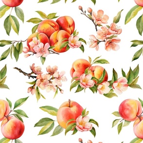 Watercolor peach fruit seamless pattern, peach tree blossom