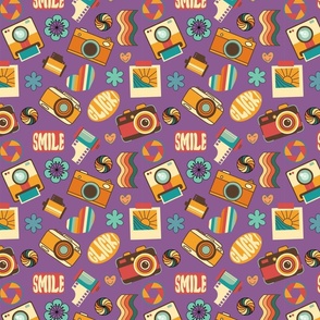 Groovy retro seamless pattern, photography elements