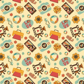 Groovy retro seamless pattern, photography elements