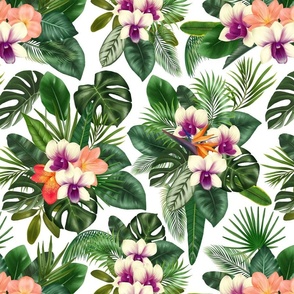 Tropical exotic flowers and greenery, summer jungle print