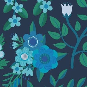 Summer lavender and daisies - blue on navy - large scale by Cecca Designs