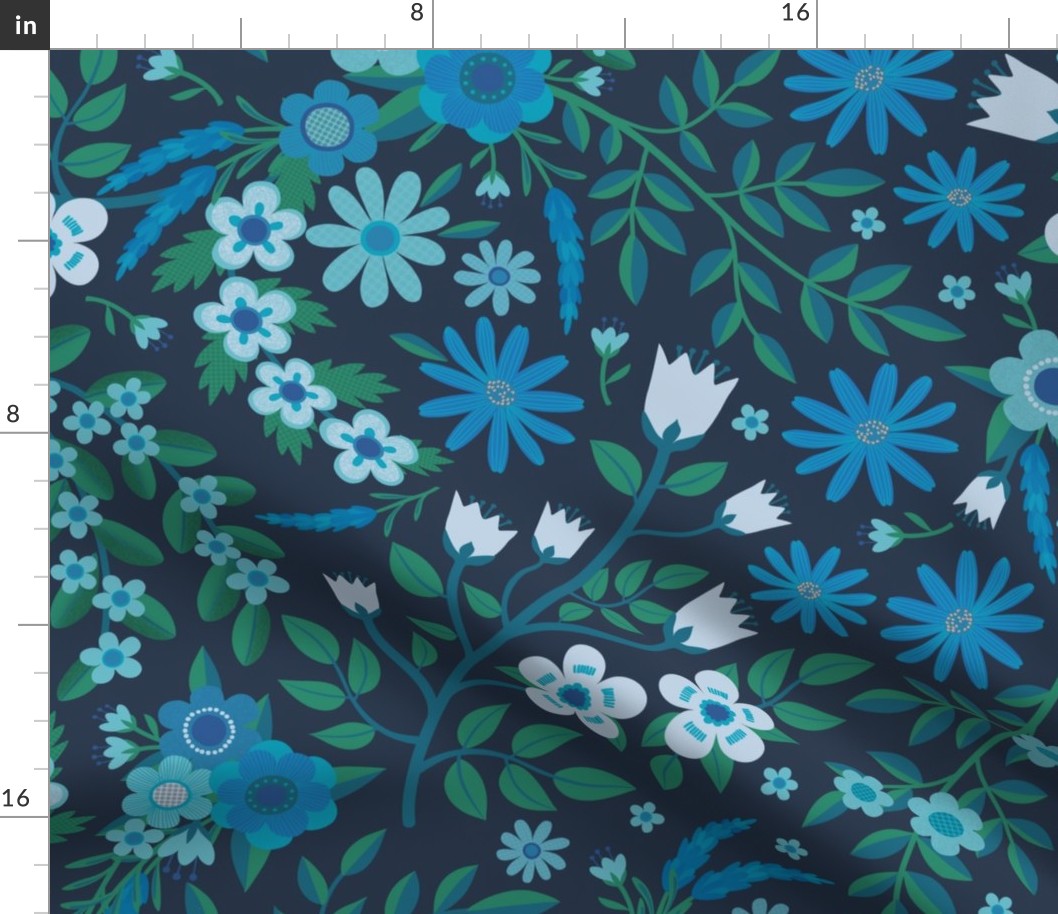 Summer lavender and daisies - blue on navy - large scale by Cecca Designs