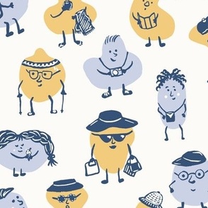 Cute tourist friends on summer holidays dusty blue and mustard yellow