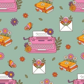 typewriter, books, envelope retro background