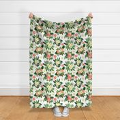 Green tropical leaves and flowers, exotic summer floral print