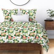 Green tropical leaves and flowers, exotic summer floral print