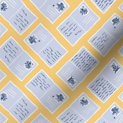 Holiday postcards with floral stamps dusty blue and mustard yellow