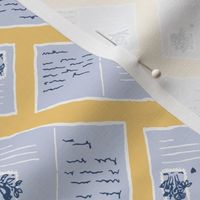 Holiday postcards with floral stamps dusty blue and mustard yellow