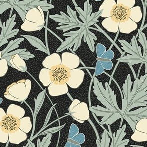 Sylvie Buttercup Floral | Charcoal + Lemon | Small - 12" repeat | Arts & Crafts Style