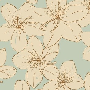 Tossed hand-drawn azalea flowers in soft minty green - extra large