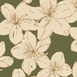 Tossed hand-drawn azalea flowers in dark green - extra large