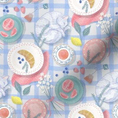 (small) Picnic Brunch with Sleeping Kitten on Blue Gingham Check