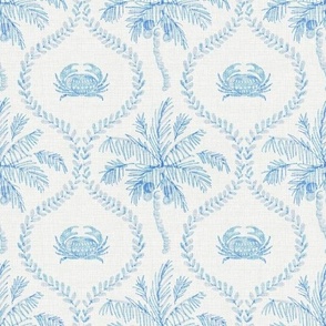 (medium) St Barts Tropical Palms and Crabs Wavy Ogee in Textured Azure Blue