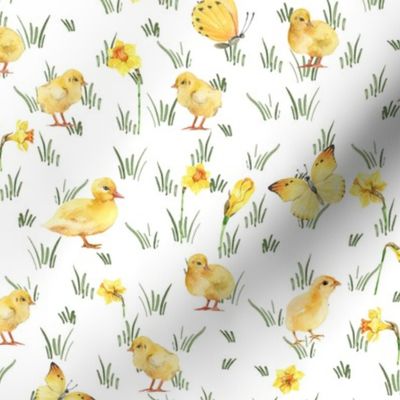 Medium - Enchanting Watercolor Artistry: Farmyard Scenes Evoked Through Hand-Painted Patterns Featuring Chicks, Ducks Butterflies Yellow Flowers and Rural Life on white background