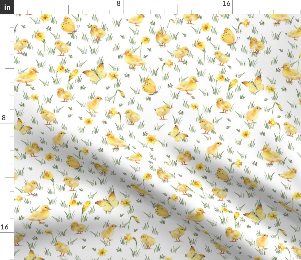 Medium - Enchanting Watercolor Artistry: Farmyard Scenes Evoked Through Hand-Painted Patterns Featuring Chicks, Ducks Butterflies Yellow Flowers and Rural Life on white background