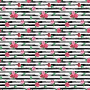 Roses on black and white striped background. Small scale