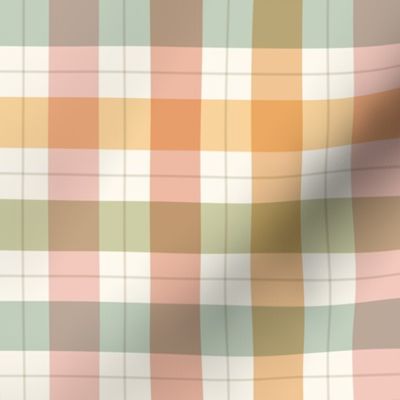 Small scale / 1 inch pastel rainbow windowpane plaid on cream / Warm soft powder baby pink blue green yellow orange red and light ivory gingham stripes / vichy caro 60s picnic checks square grid lines / 70s mens blender