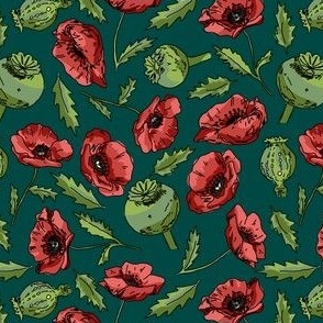 Vintage Opium Poppies on Emerald