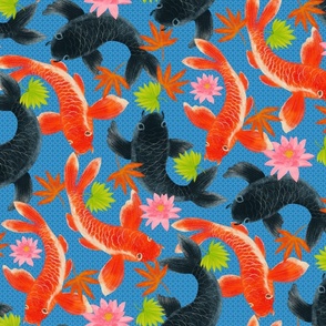 Koi Carp with Japanese leaves and waterlilies. (Sea Blue)