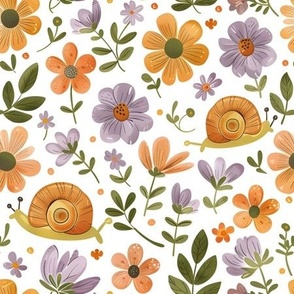 Snails & Flowers on White - medium 