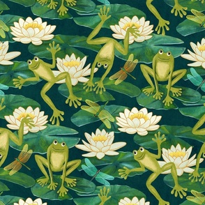 Emerald Green Lucky Leap Frogs and Lush Lily Pads Large Print