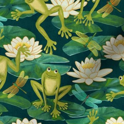 Emerald Green Lucky Leap Frogs and Lush Lily Pads Medium Print