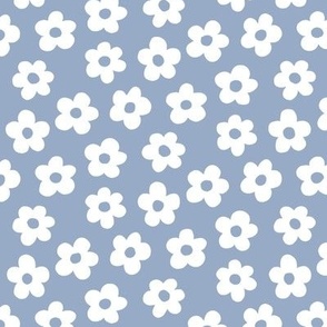 FS White Retro Daisy Flowers on Blue Gray