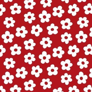 FS White Retro Daisy Flowers on Cherry Red