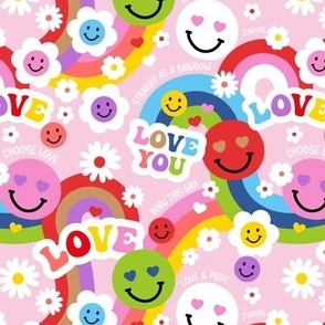 Smileys and Rainbows - Love is love summer kids design pride queer lgtbq+ design on pink