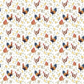 Small - Enchanting Watercolor Artistry: Farmyard Scenes Evoked Through Hand-Painted Patterns Featuring Chickens, Hens, rooster, Chicks, eggs and Rural Life on white background