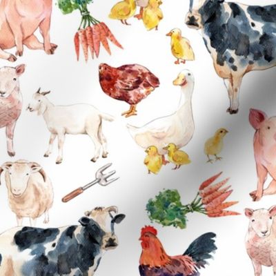 Medium - Enchanting Watercolor Artistry: Farmyard Scenes Evoked Through Hand-Painted Patterns Featuring Chickens, Hens, rooster, Chicks, Cow, Lamb, Goat, Carrots, and Rural Life on white background