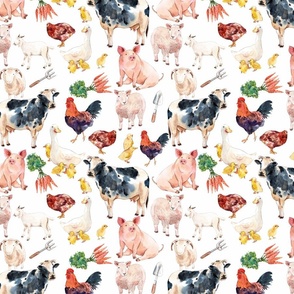 Medium - Enchanting Watercolor Artistry: Farmyard Scenes Evoked Through Hand-Painted Patterns Featuring Chickens, Hens, rooster, Chicks, Cow, Lamb, Goat, Carrots, and Rural Life on white background