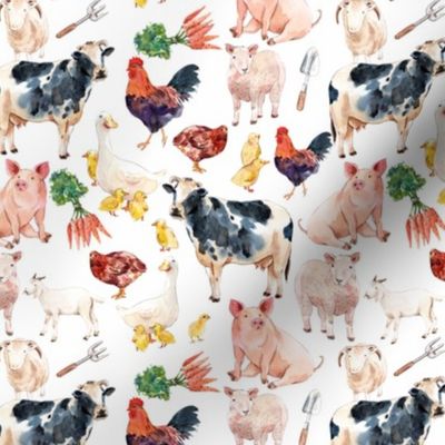 Small - Enchanting Watercolor Artistry: Farmyard Scenes Evoked Through Hand-Painted Patterns Featuring Chickens, Hens, rooster, Chicks, Cow, Lamb, Goat, Carrots, and Rural Life on white background