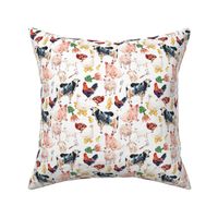 Small - Enchanting Watercolor Artistry: Farmyard Scenes Evoked Through Hand-Painted Patterns Featuring Chickens, Hens, rooster, Chicks, Cow, Lamb, Goat, Carrots, and Rural Life on white background