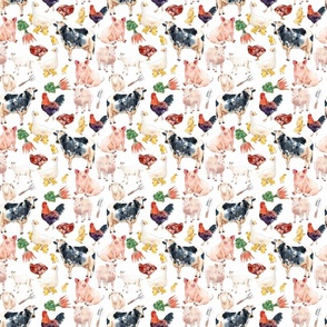 Small - Enchanting Watercolor Artistry: Farmyard Scenes Evoked Through Hand-Painted Patterns Featuring Chickens, Hens, rooster, Chicks, Cow, Lamb, Goat, Carrots, and Rural Life on white background