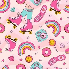  girl stickers,  rainbow, donut, telephone on a pink background