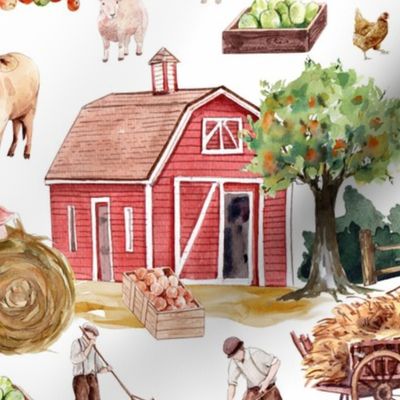 Large- Captivating Watercolor: Rustic Farm Life Depicted Through Hand-Painted Colorful Animals, As horse , Goats, Chicken, cow, Pigs, Barns and farmers on white