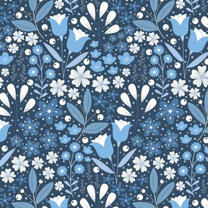 Medium / Ethereal Blooms - Blue - Coastal - Monochromatic - Blue Nova - Navy Blue - Florals - Flowers - Buttercups - Primrose - Botanicals - Nature - Roses - Tulips - Floral Wallpaper