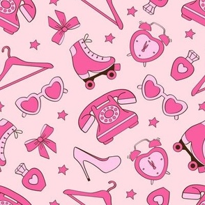 girl accessories, alarm clock,  retro phone on a pink background