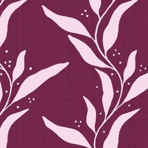 Wavy Willow Leaf Stripes with Accent Dots and Linen Texture - Light Pink and Berry Purple - Medium Scale - Bold Botanical Silhouette for Traditional, Boho, and Maximalist Styles