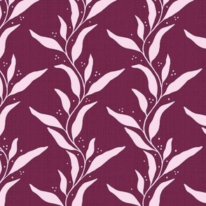 Wavy Willow Leaf Stripes with Accent Dots and Linen Texture - Light Pink and Berry Purple - Small Scale - Bold Botanical Silhouette for Traditional, Boho, and Maximalist Styles