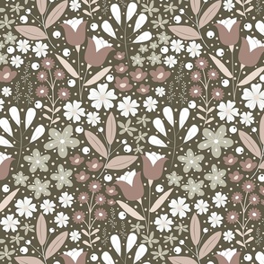 Medium / Ethereal Blooms - Brown - Sage - Earth Colors - Florals - Flowers - Botanicals - Nature - Roses - Tulips - Floral Wallpaper