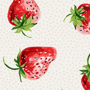 Sweet Strawberries on off white with small pink polka dots - large scale