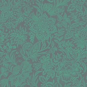 Folk Floral Jacobean - extra large - verdigris and grey 