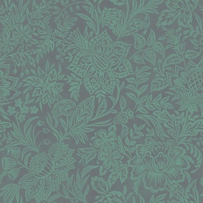 Folk Floral Jacobean - extra large - misty green and grey 