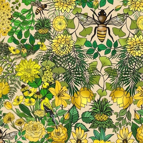 Birds, Bees, Moths, Flowers and Trees (Khaki Cream large scale)